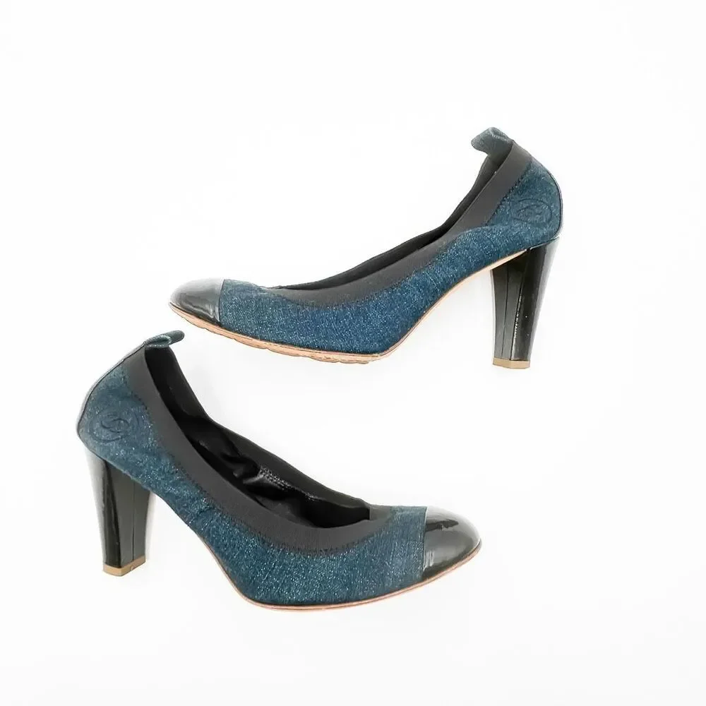 Chanel Elastic CC Logo Blue Denim Pumps High Heels Size 39 US 8-8.5